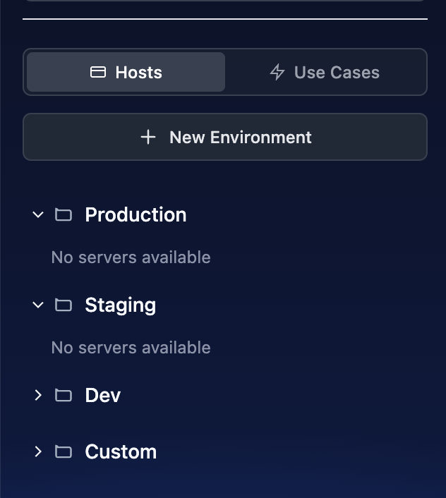 A user interface for adding and managing development, staging, and production environments