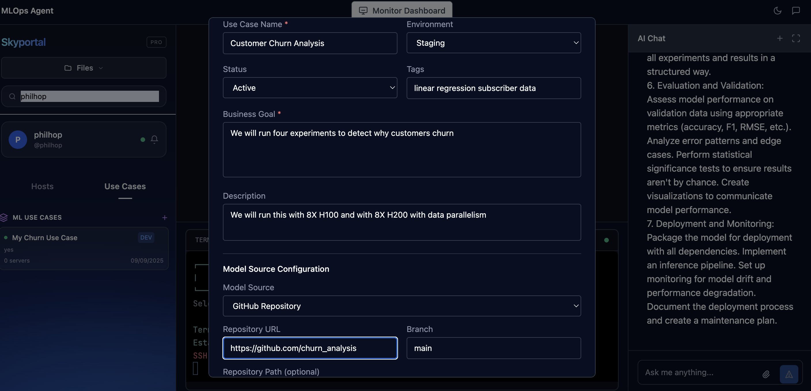 MLOps Agent interface for customer churn analysis